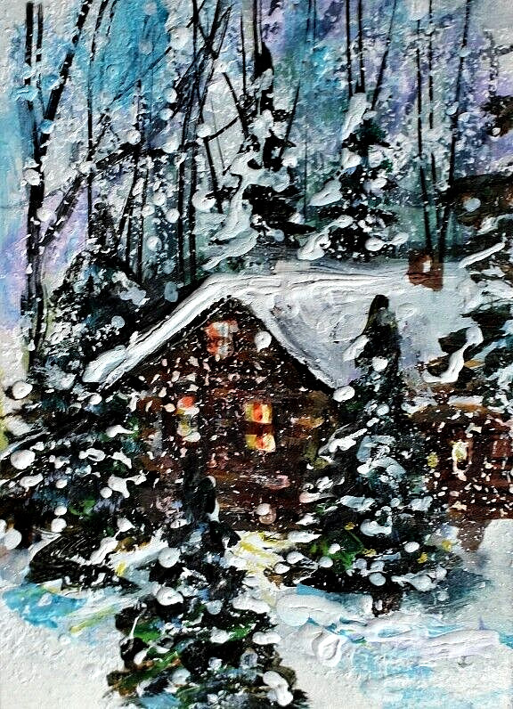 ACEO Original Winter CABIN Pine Tree PAINTING Snow Holiday XMAS Landscape ART