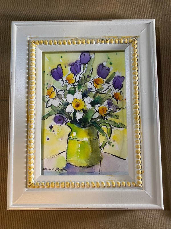 Nancy F Morgan «Jug Of Flowers Scene» Watercolor Painting – Signed/Framed P17