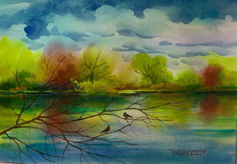 Original Pamela Wilhelm 5×7” Watercolor Springtime Pond With Birds
