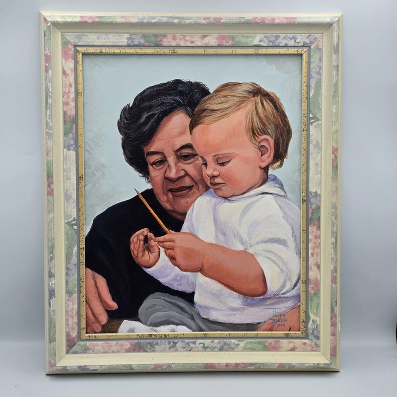 Ti Tolpo Bader Original Acrylic Painting Grandmother & Grandchild Portrait 1999