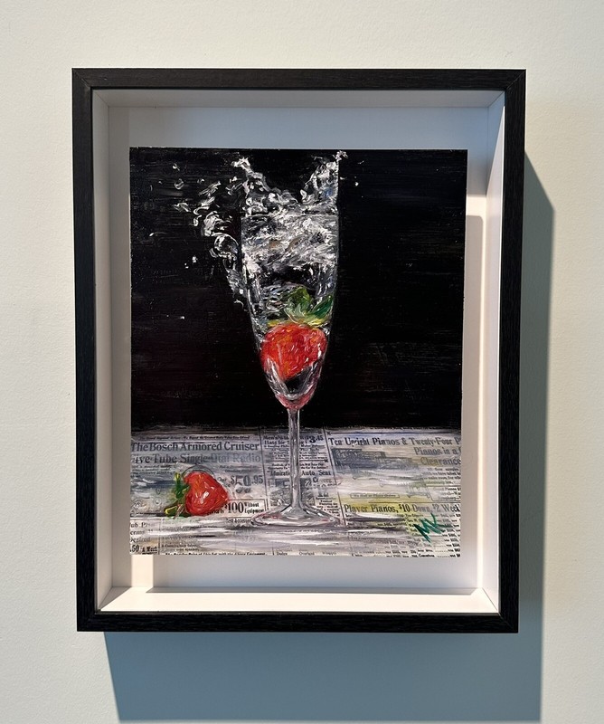 Original Oil Painting Still Life Strawberry Splash Drink Newspaper Realism