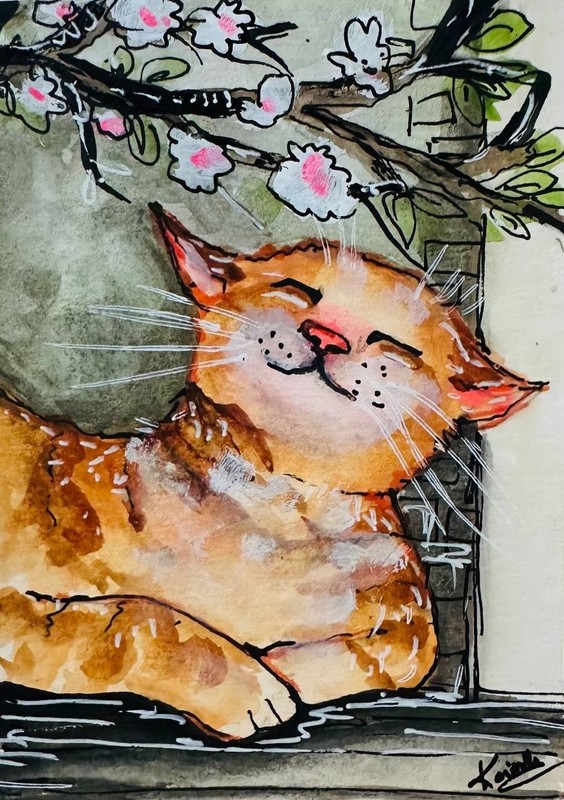 Orange Tabby Cat Under Cherry Blossoms Original Watercolor ACEO Cute Spring Art