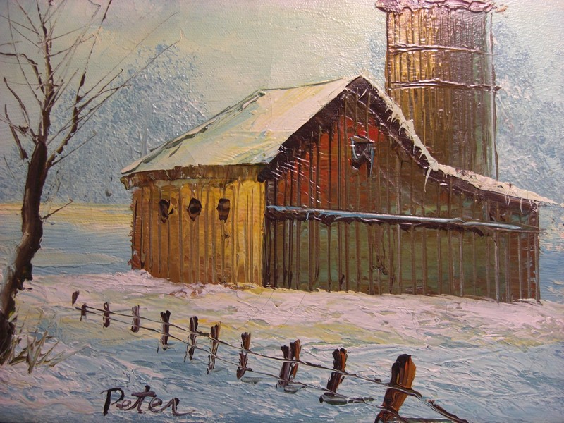 Aged Old Barn & Silo Rural Winter Scene Landscape Signed Oil On Canvas Painting