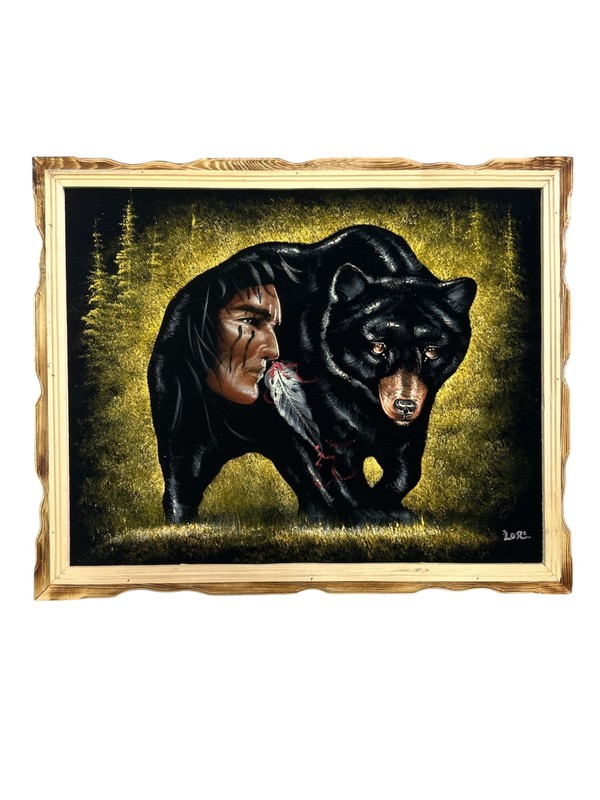 BLACK BEAR , 18″X 22″ HAND PAINTED,VELVET PAINTING , VINTAGE , WOOD FRAME , NEW