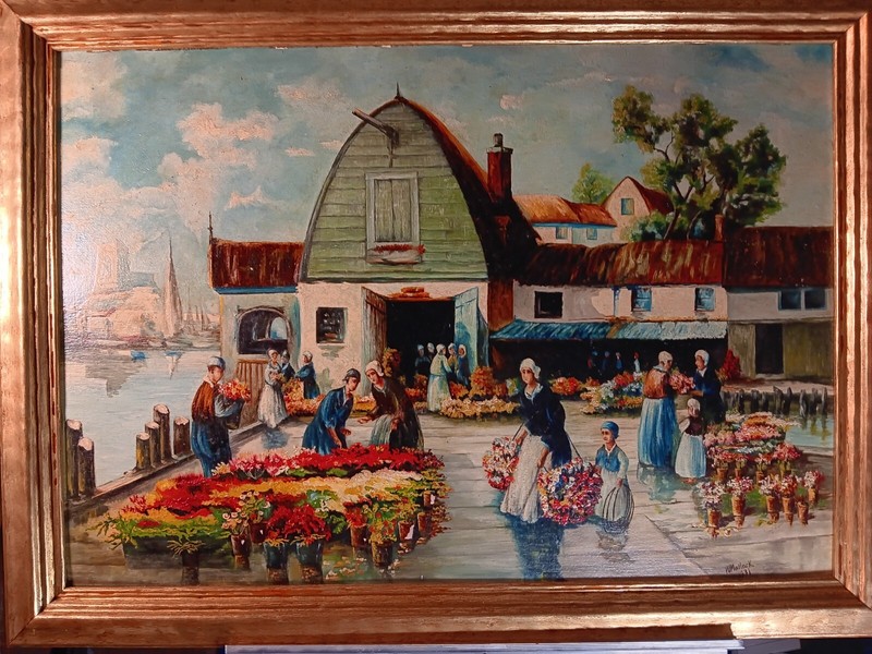 1931 W. Matlack Original Oil Painting «Flower Shop On Pier» Beautiful RARE