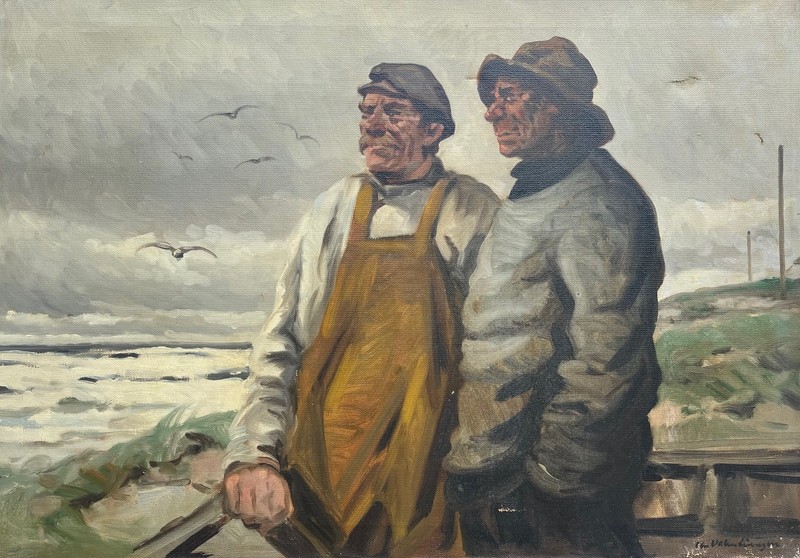 Christian Valentinusen 1903-1985 Fisherman on the Beach Maritime Oil Painting 96x67cm
