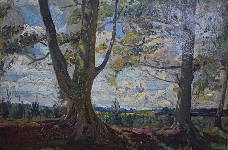A LANDSCAPE THROOUGH FOREST OIL PAINTING 1930s GEORGE HERBERT BUCKINGHAM HOLLAND