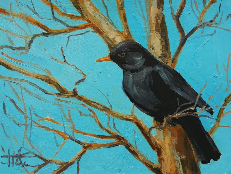 Original Oil Painting Black Bird on Tree Branch 6×8 inches