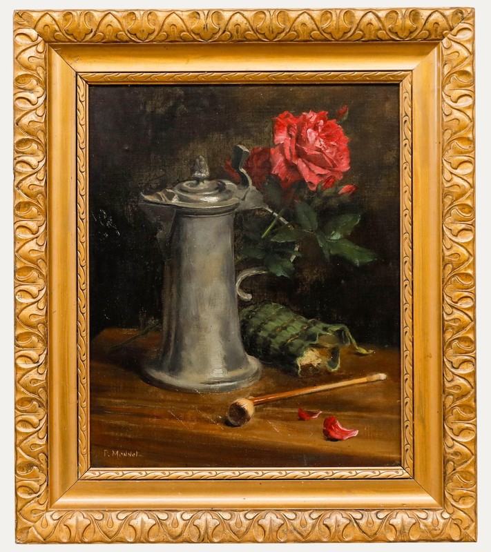 P. Monnet – Mid 20th Century Oil, Still Life with Rose, Jug, and Pipe