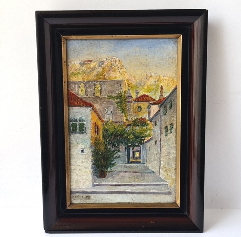 Picture Oil on Cardboard Wood Frame Italy Croatia Hvar Lesina Sign Um 1929 P187