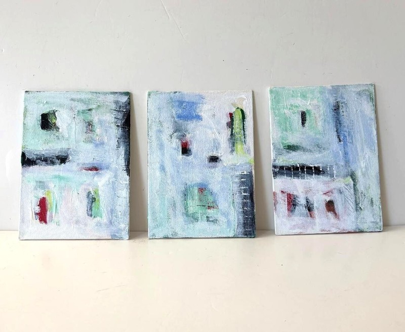 3 Original signed acrylic abstract paintings , 7 x 5, white pastel triptych OOAK