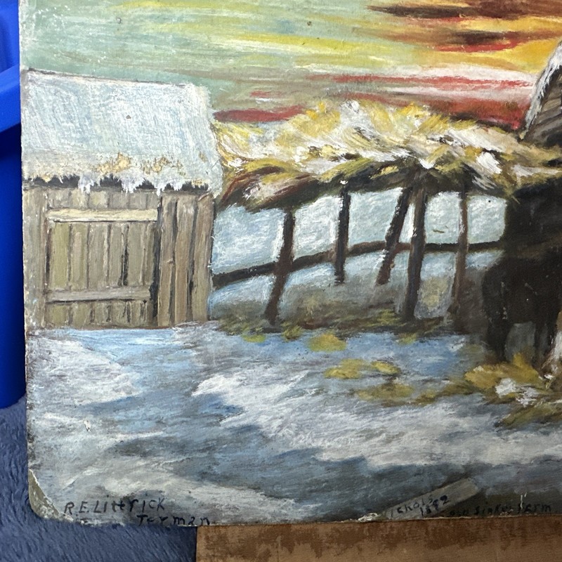 Antique Folk Cart Style Farm Scene Snow Covered 12 1/4” By X 9 1/2 Inches Iowa gallery