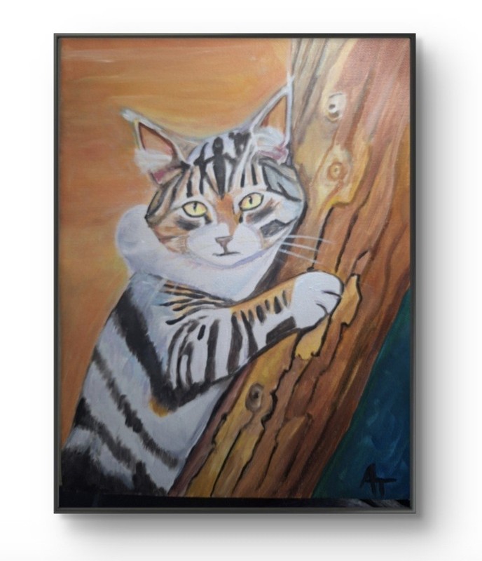 Original Contemporary Cat Up In The Tree Acrylic Painting 9×12 Canvas Paper