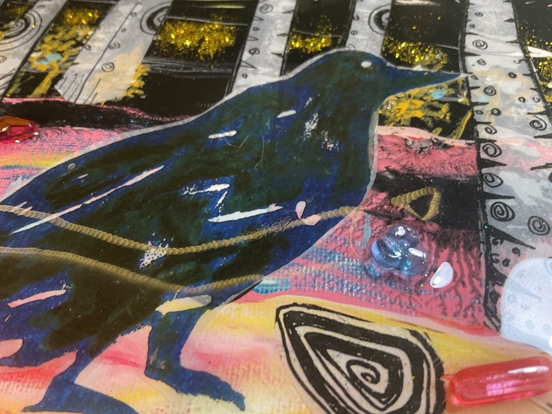"Crow" Orig. 8 x 8 art by artist. Unique and sparkly with jewels/resin gallery
