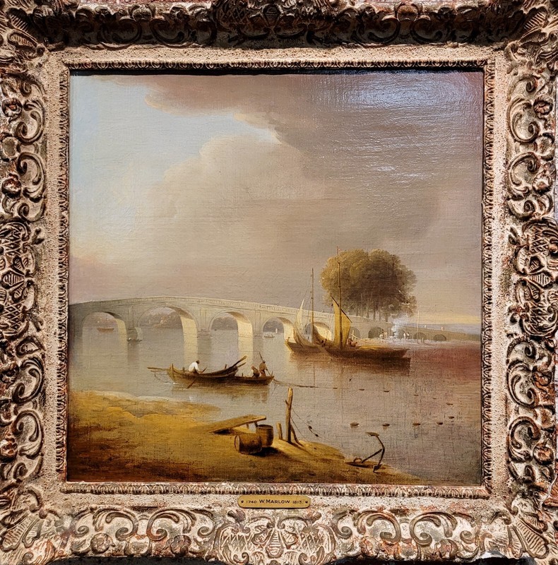 William Marlow -A Bridge Near London -18th century Oil painting