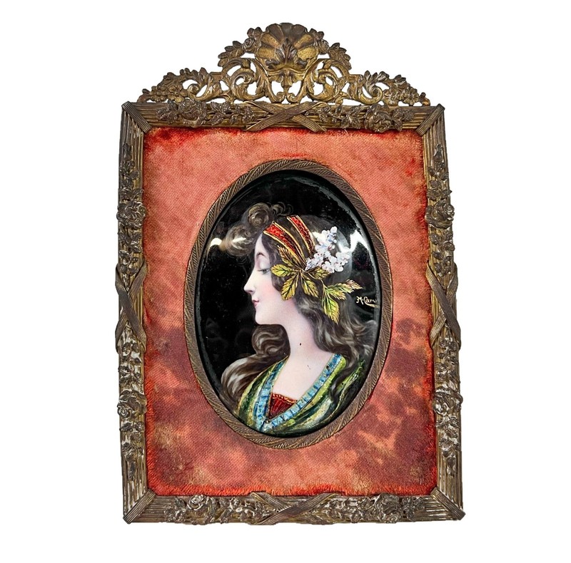 Art Nouveau Enamel on Copper Portrait Miniature signed M. Caru