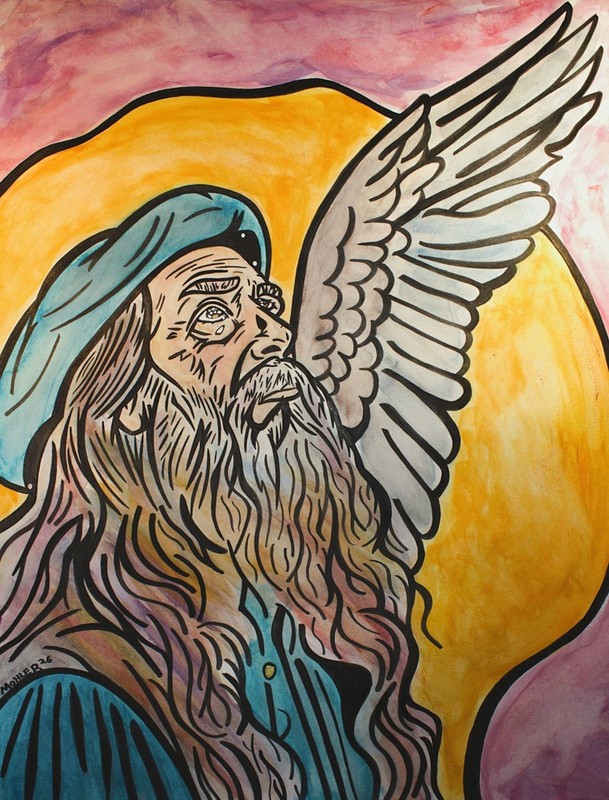 outsider art original painting «Da Vinci’s Dream» 18×24 watercolor on hard paper