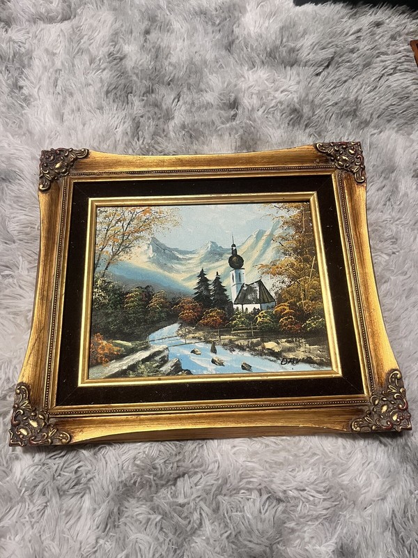 Vintage Scenic Country Church W/Mountains On Board Gold Frame