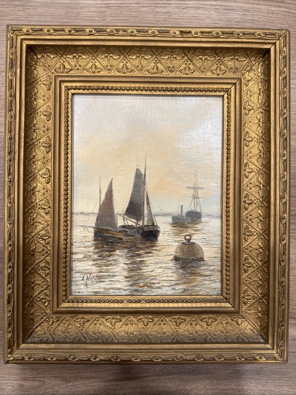 Sailboat Oil Painting In Antique Frame