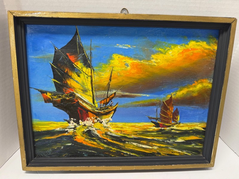 Vintage Oil on Canvas Chinese Junk Boats Fishing Ships at Sunset or Sunrise gallery