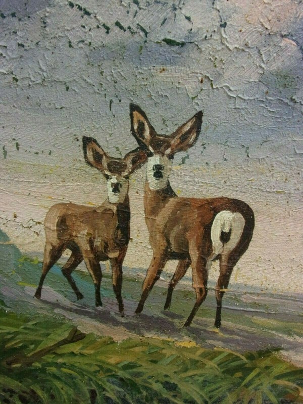 Vtg Forest Scene Deer Illustrative Large Oil Painting 46" Manuel J.Sylvia MA gallery