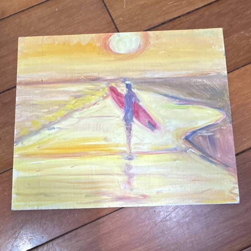 Original Oil Painting Surfer at Sunset on Wood, Unframed, 8x7in