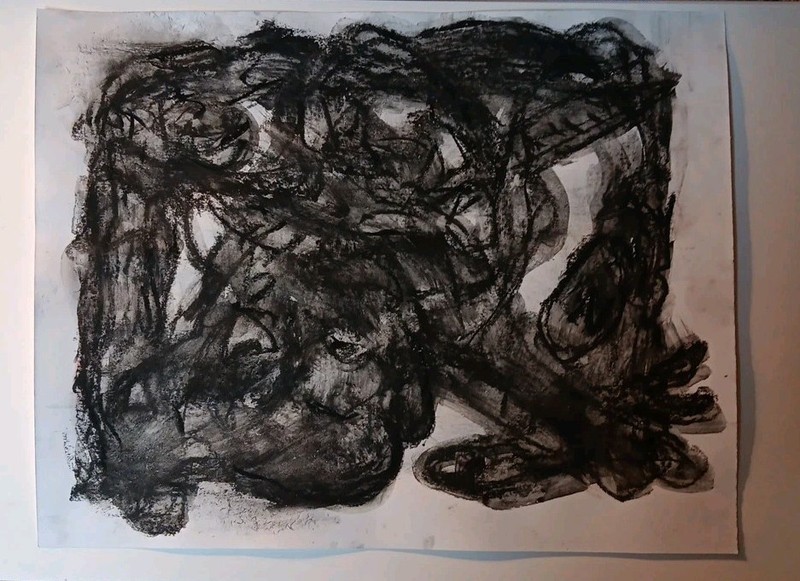 Contemporary Abstract Art Informel Brut Charcoal Surreal Drawing Signed Leeroy