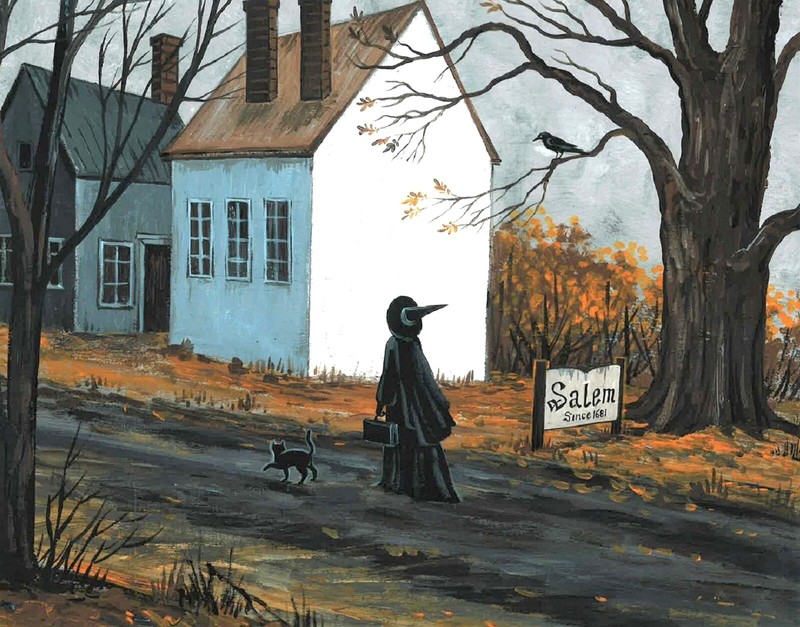 5×7 PRINT OF PAINTING RYTA HALLOWEEN SALEM WITCH HAUNTED HOUSE BLACK CAT Art 🎃