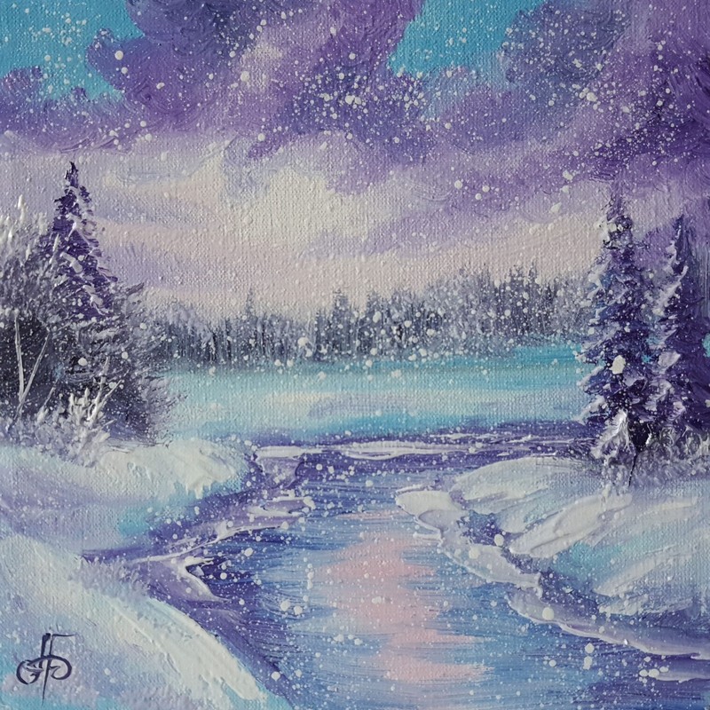 Original Winter Landscape River Snowfall Oil Painting Blue Purple Morning Art gallery