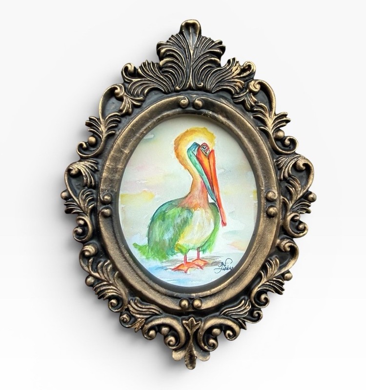 Pelican mini watercolor bird print of original painting • vintage ornate frame