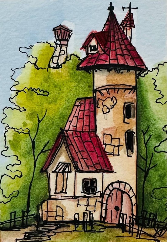 Fairy Cottage ACEO Original Watercolor Painting Whimsical Fantasy House Art OOAK