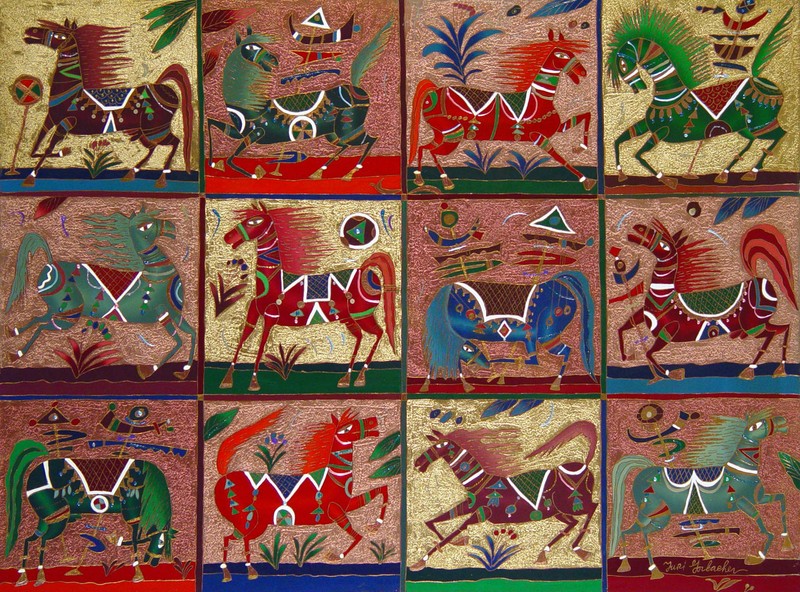 Yuri Gorbachev Original Masterpiece Painting «12 Horses» oil on canvas, gold