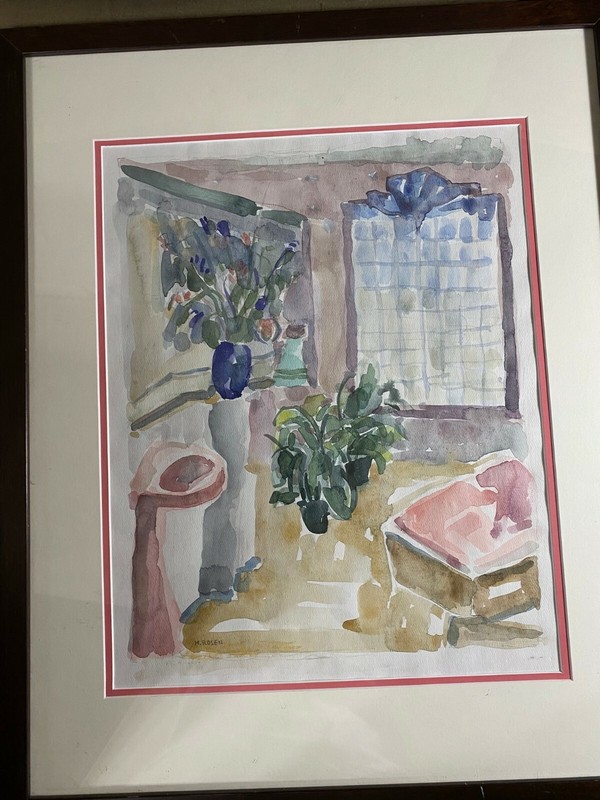 M Rosen «Interior Scene With Flowers» Watercolor Painting Signed And Framed
