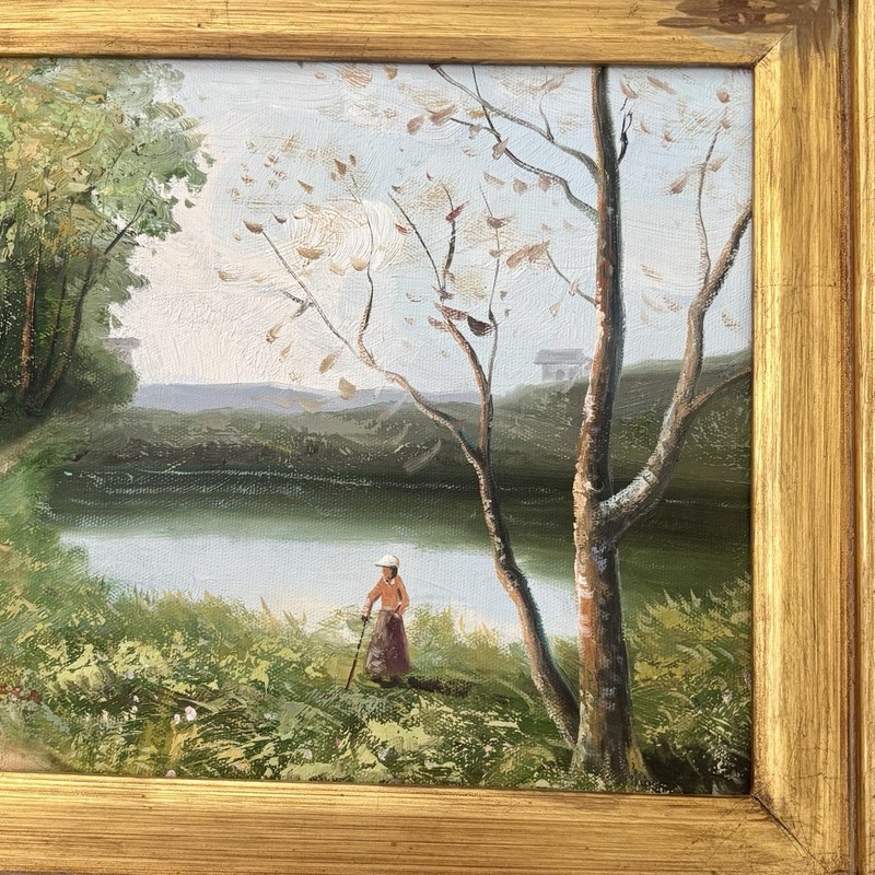 Pastoral Landscape Signed Oil Painting Serene Country Gold Gesso Frame 18x16 gallery