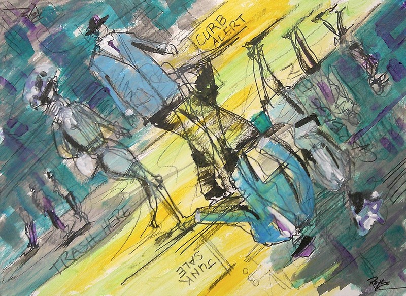 Original unframed 11×14 Curb Alert painting mixed media on heavy paper.