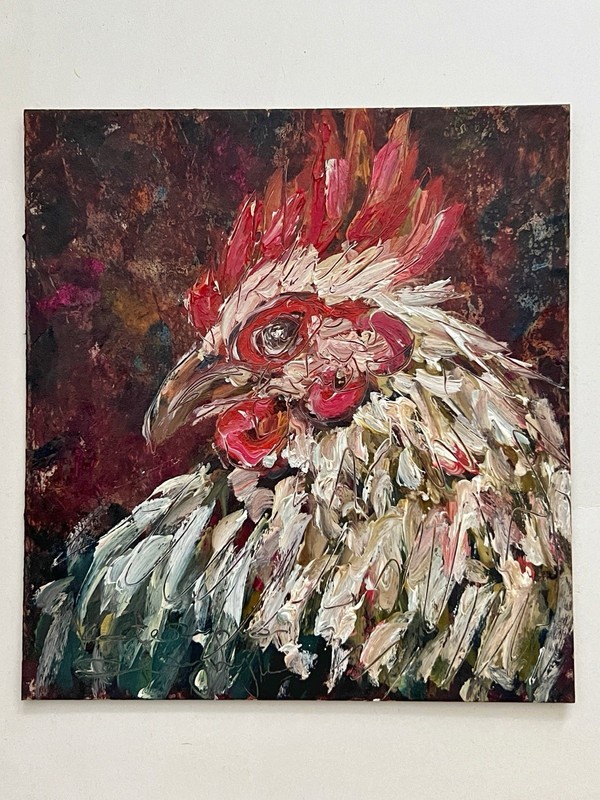 Rooster Oil Painting Impressionist Bird Art Chicken Original Framed Artwork 8” gallery