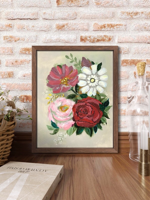 Floral Red Rose Painting Original Pink Wall Art Modern Flowers 11x14 CP 15 gallery