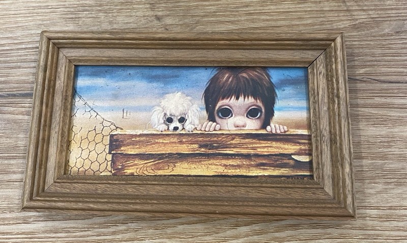 MARGARET KEANE 1963 Big Eyes Beach Head Signed Lithograph MINI Framed 7×4