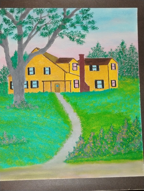 Vtg Folk Art Oil Painting Rustic Colonial Homestead Horses Signed Merrill Slane gallery