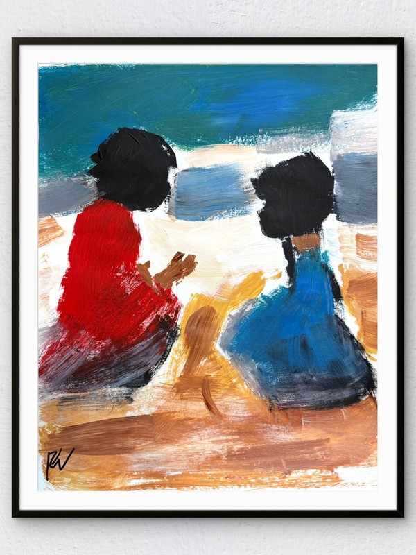 Original 11×14 Expressionist Hand Painted Signed Acrylic Paper Art Kids at Beach
