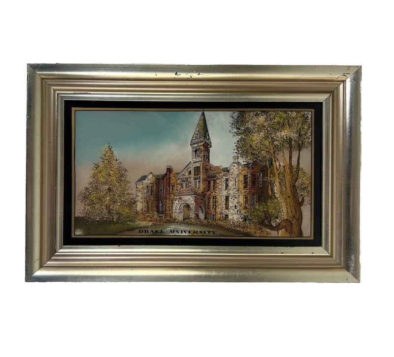 Vintage Reverse Painting on Glass of Drake University Iowa Collegiate Gift OOAK