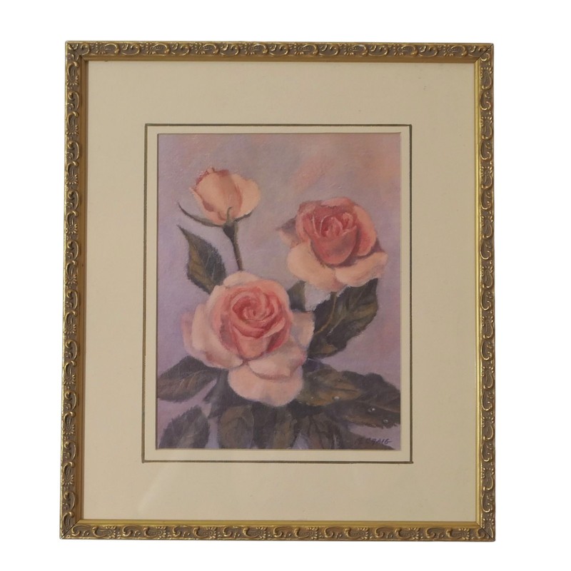 Oil Pastel Roses Framed Mat Painting 13″x15″ Signed R. Craig Cottagecore Country