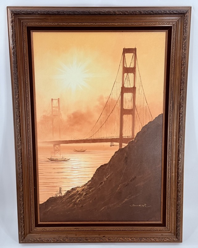 XL Huge Suk Yi River Fishing Boats Suspension Bridge At Sunset Oil On Canvas