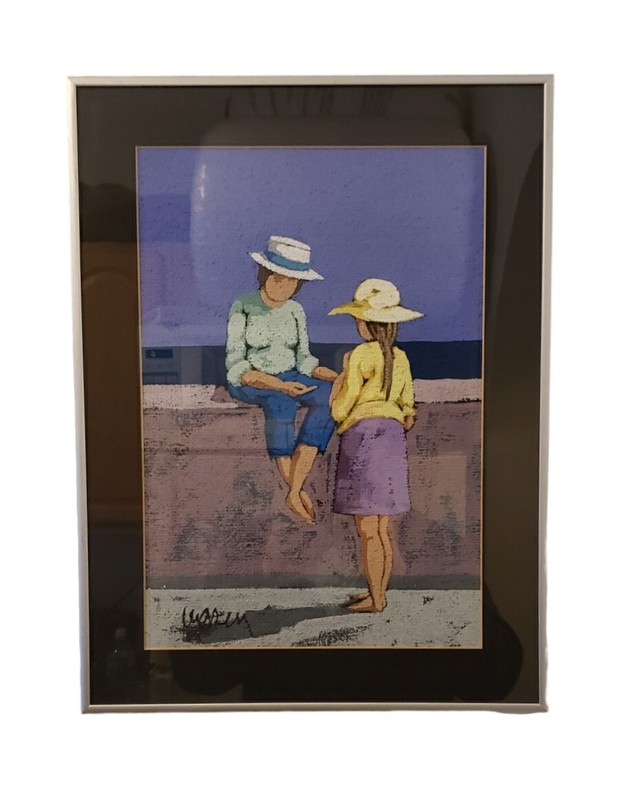 Original Expressionist Abstract Painting Summer Figures By The Sea Signed