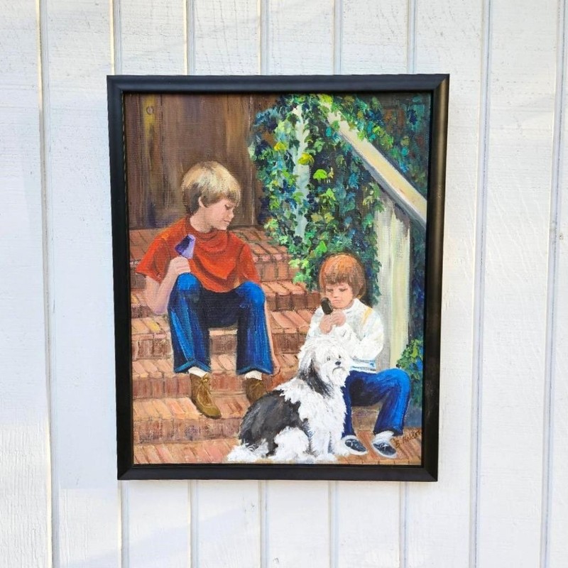 Original Vintage Oil Painting Children with Their Dog: Artist B. Holder