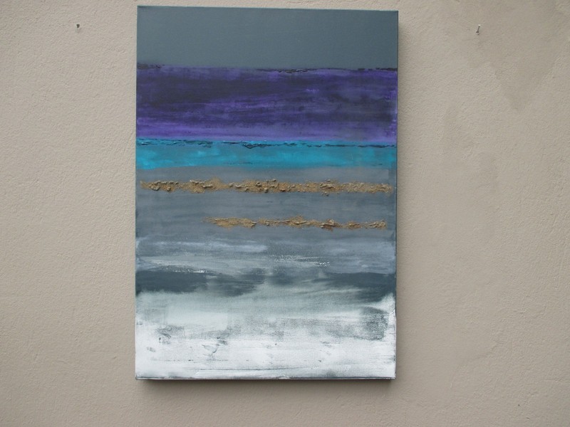 100x70x4cm Oil Painting Original on Canvas Abstract with Gold Spatulated Grey Blue gallery