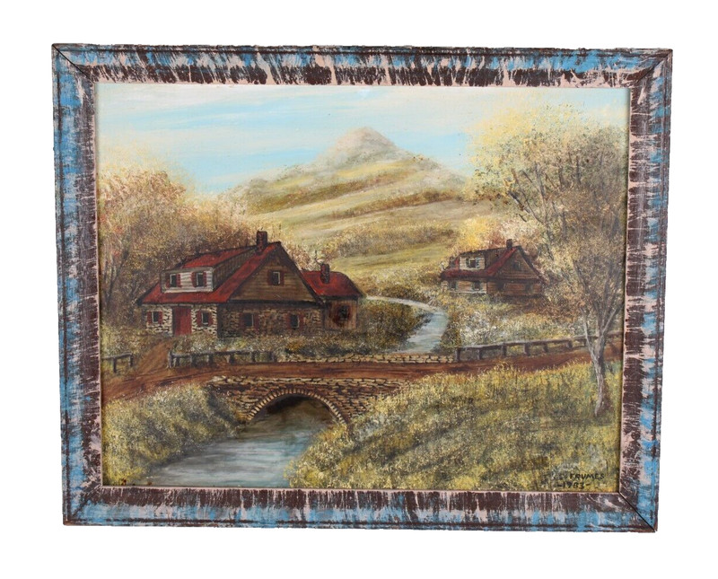 Vintage Homestead Oil Painting On Masonite Joseph Charles Frumes 1983