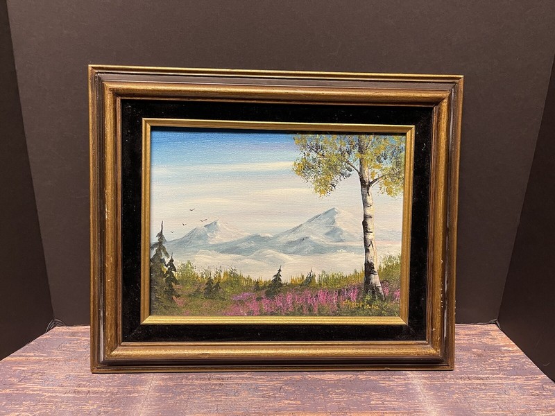 VINTAGE LANDSCAPE OIL PAINTING OF MOUNTAIN, TREES SIGNED CHRISTIANA 17x14 FRAMED