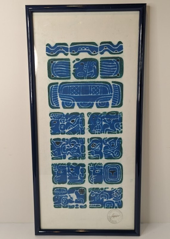 1970s Mayan Calendar Stone Rubbing 25” X 12” Framed Art Chichen Itza