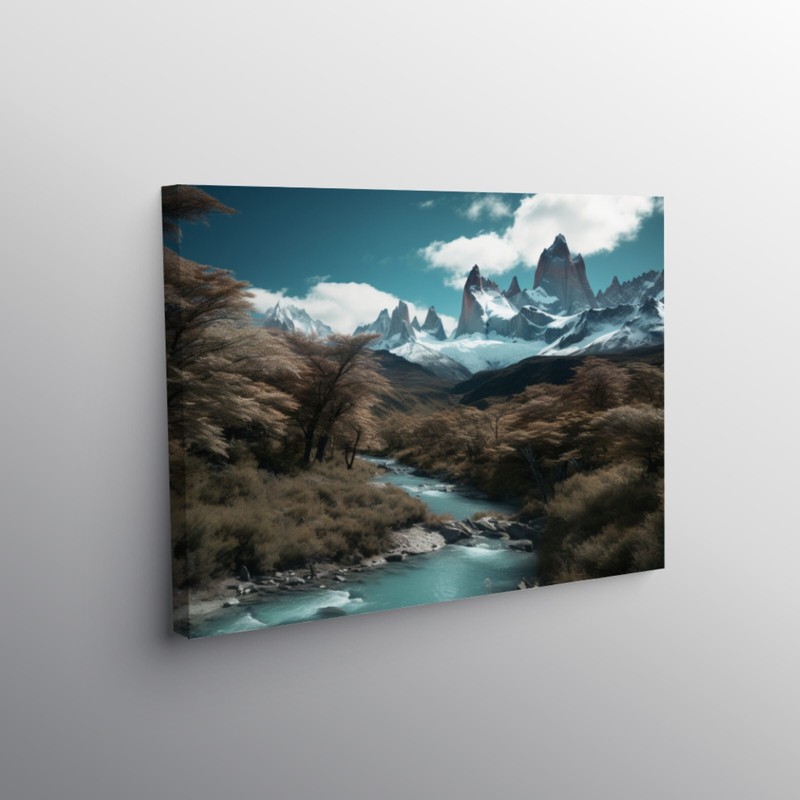 Mountain River Landscape Canvas, Nature Painting Portrait Blue Skies Trees Photo